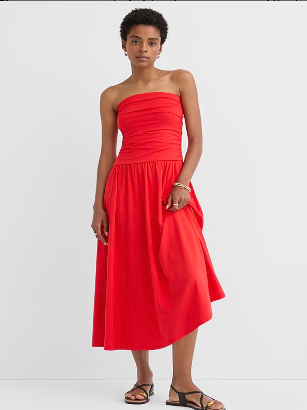 LOFT Strapless Red Midi Dress with Ruched Bodice